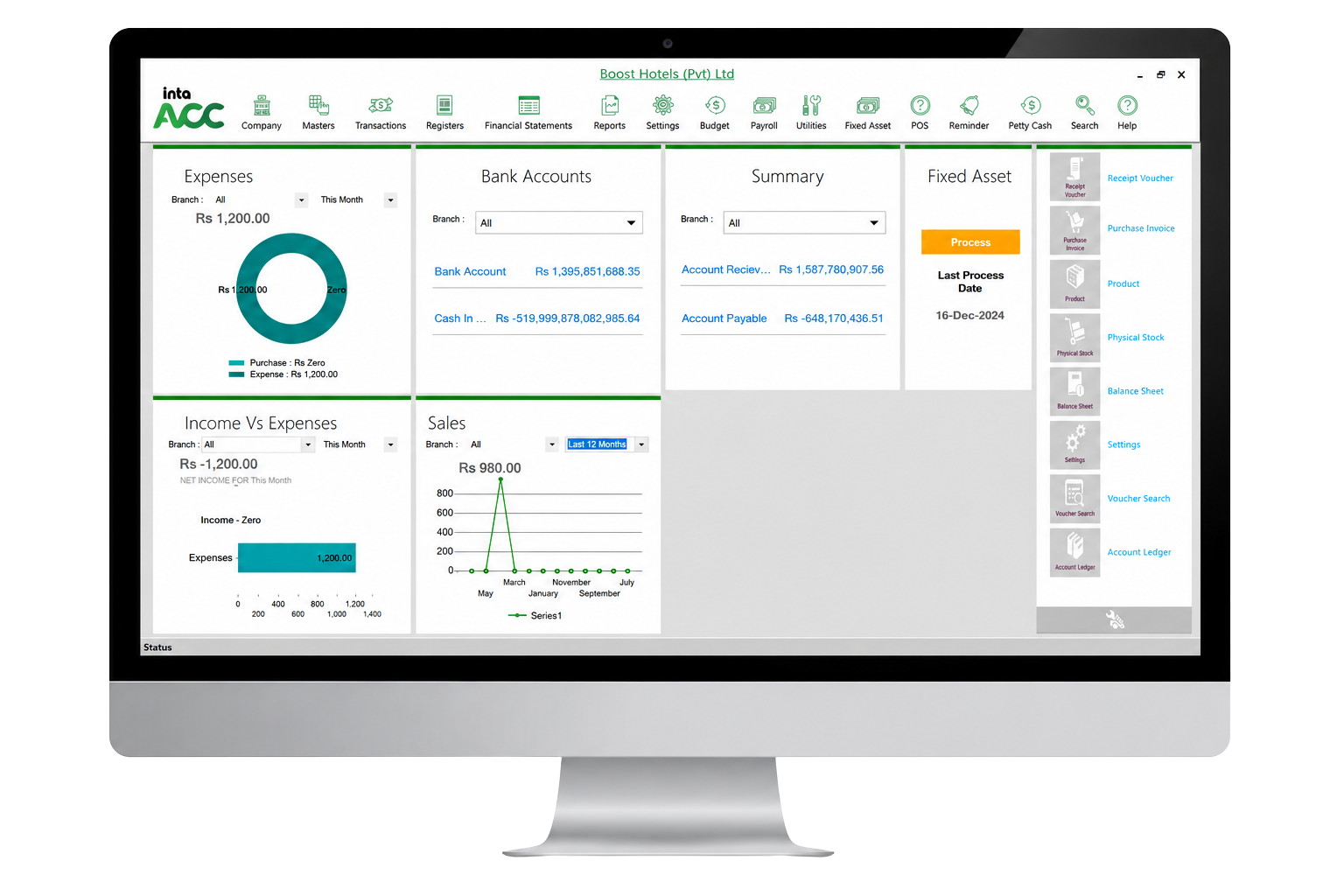 IntaAcc accounting dashboard showing expenses, bank accounts, receivables, payables and fixed asset status