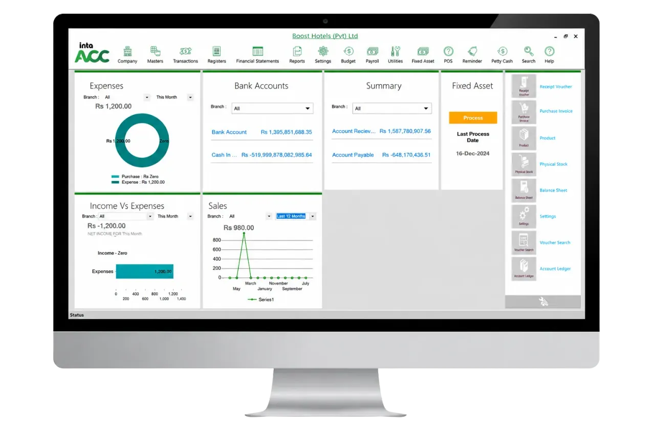 IntaAcc accounting dashboard showing expenses, bank accounts, receivables, payables and fixed asset status