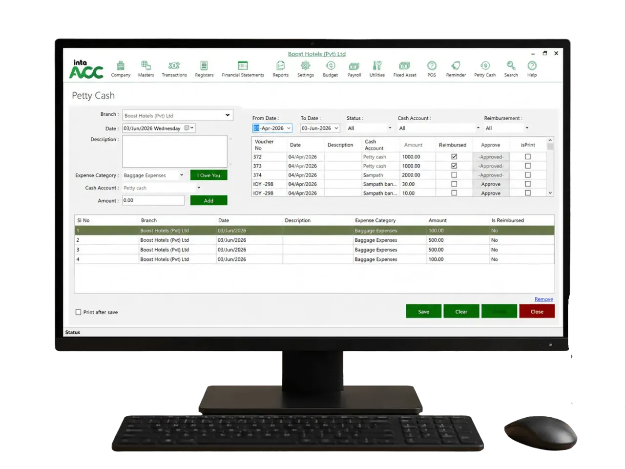 IntaAcc petty cash voucher entry and approval screen